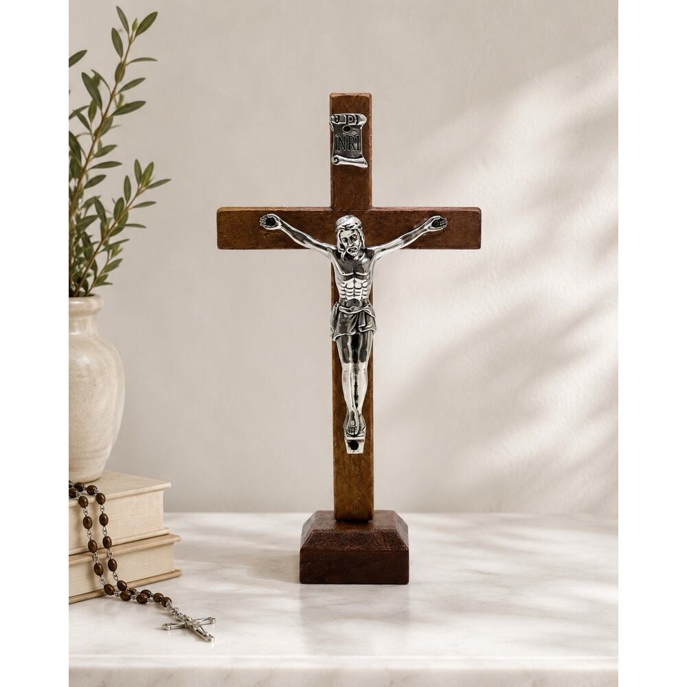 Wooden Standing Crucifix Cross INRI Jesus Christ Religious Catholic Decor 4” - Picture 2 of 8